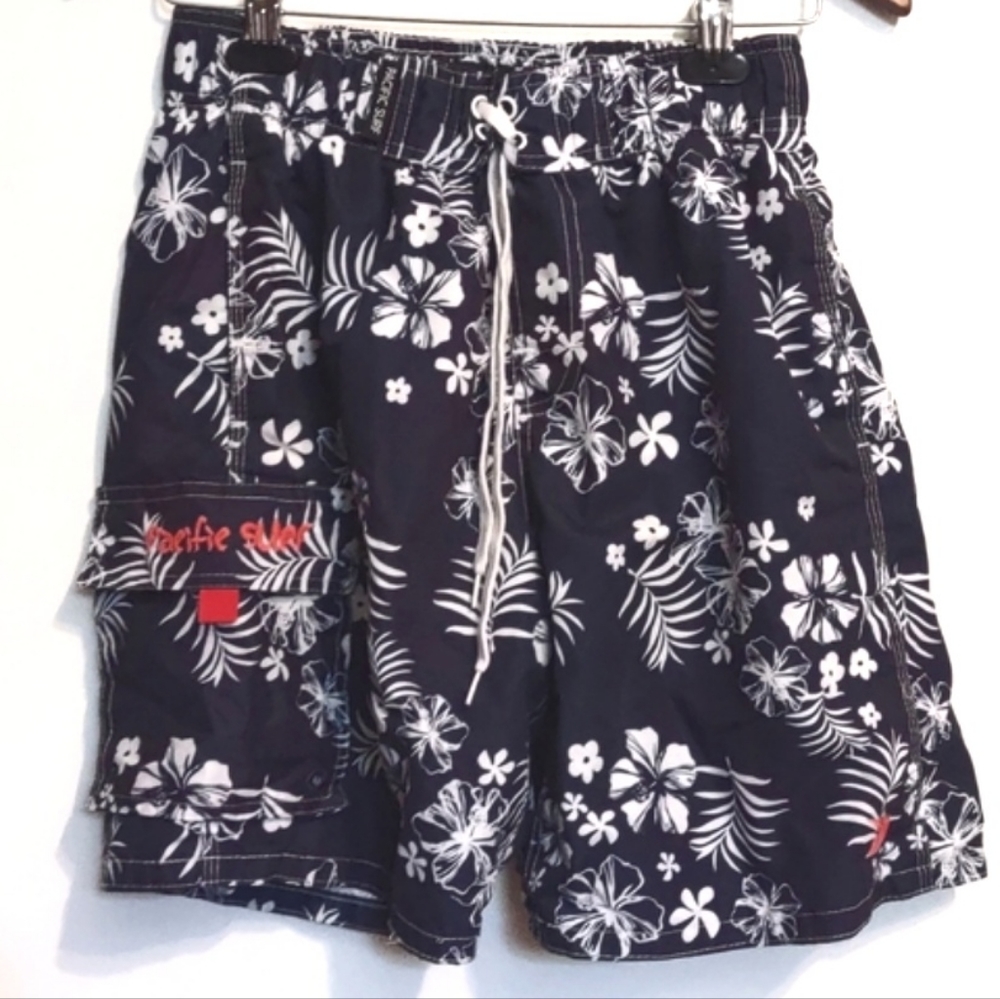Pacific Surf by Exist Swim Trunks Size Medium Tropical Print Navy and White